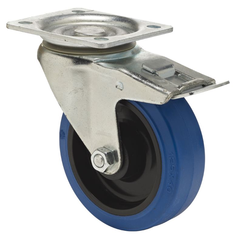 Swivel castor with total brake mounted behind