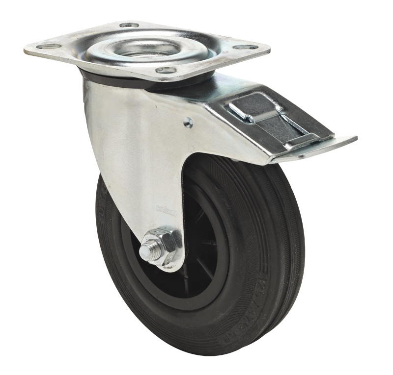Swivel castor with total brake mounted behind