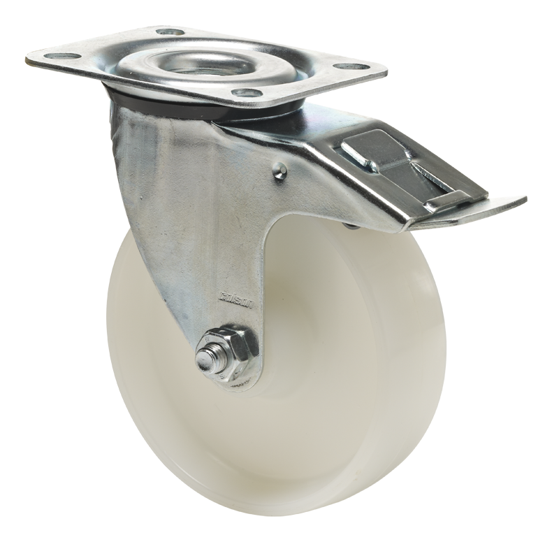 Swivel castor with total brake mounted behind