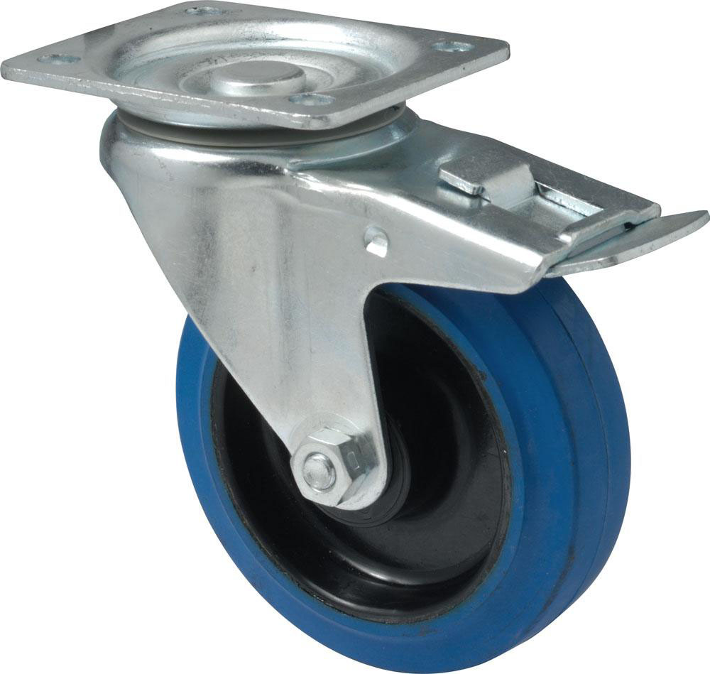 Swivel castor with total brake mounted behind