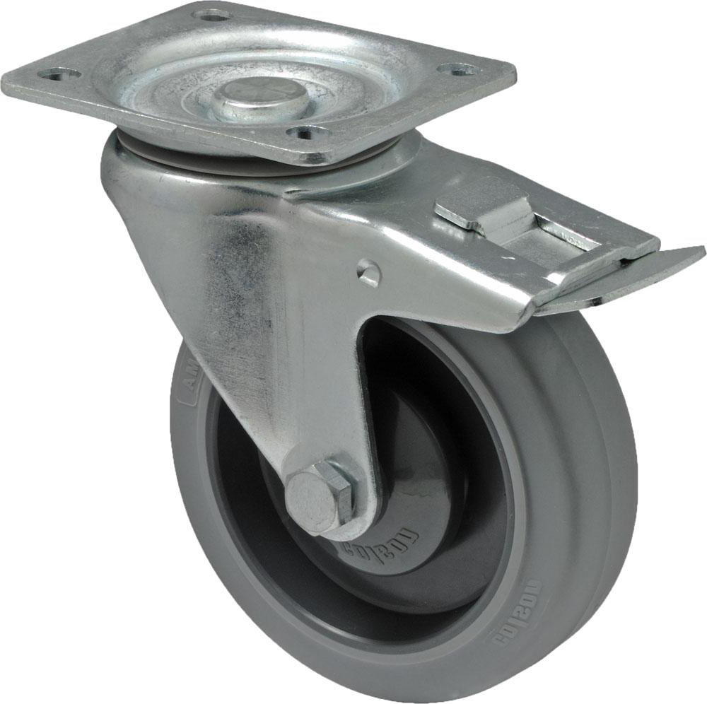 Swivel castor with total brake mounted behind
