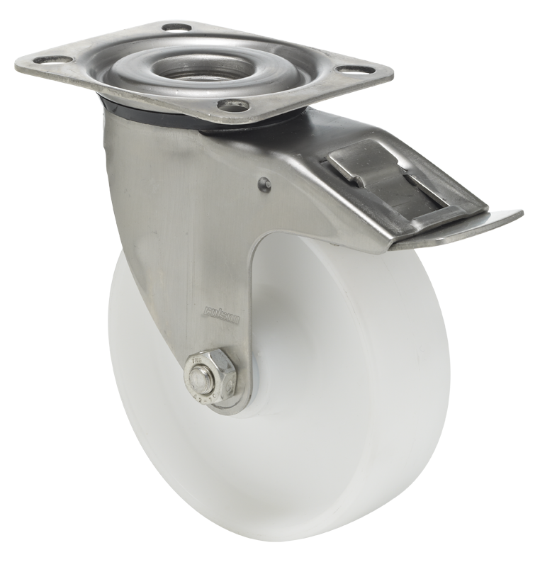 Swivel castor with total brake mounted behind