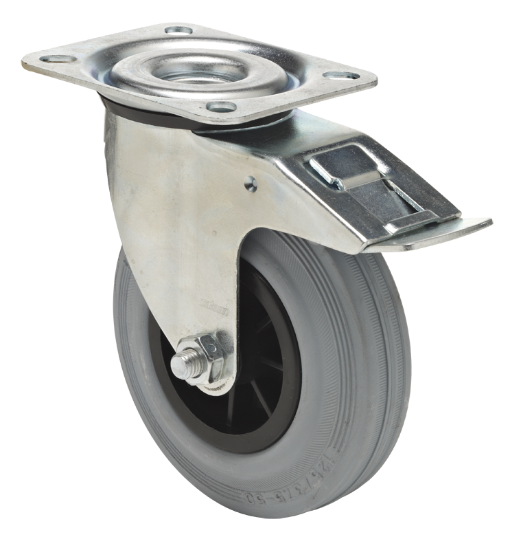 Swivel castor with total brake mounted behind