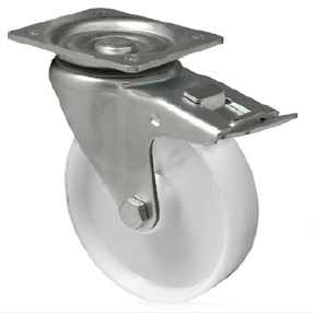 Swivel castor with total brake mounted behind