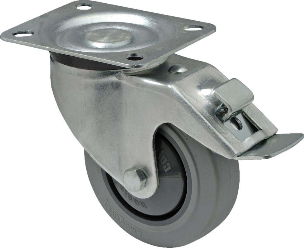 Swivel castor with total brake mounted behind