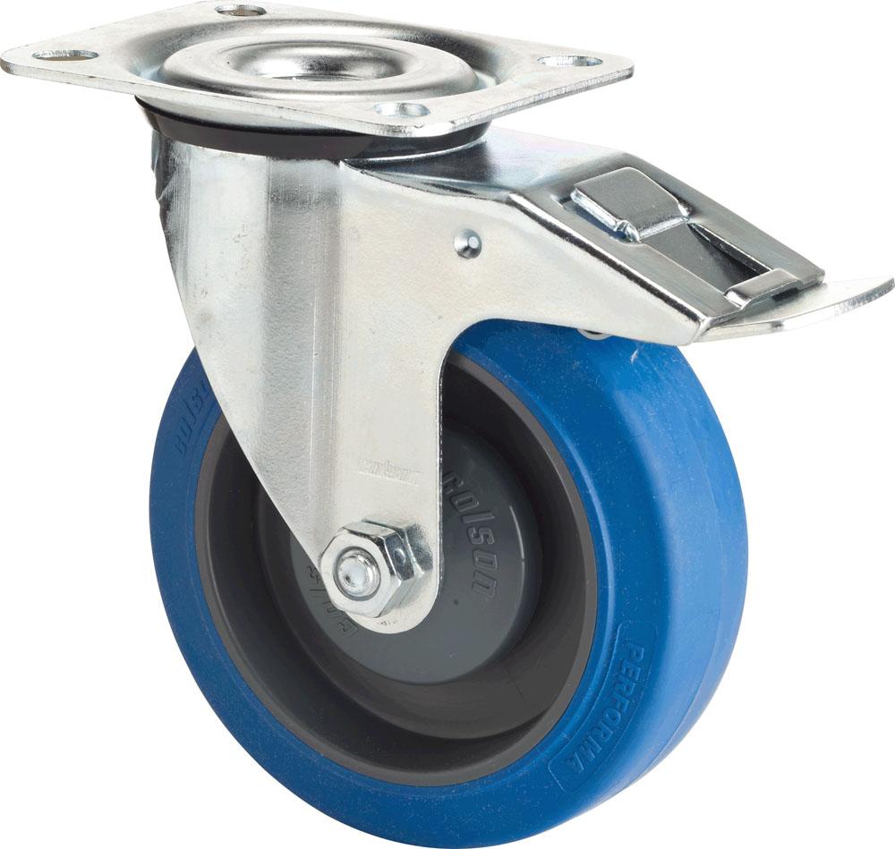 Swivel castor with total brake mounted behind