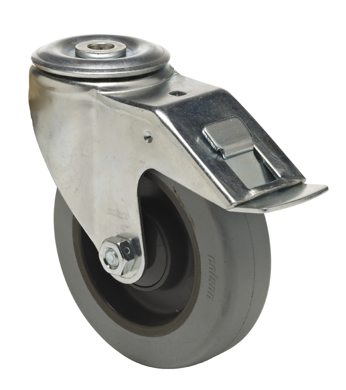 Swivel castor with total brake mounted behind