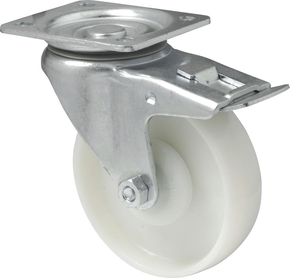 Swivel castor with total brake mounted behind