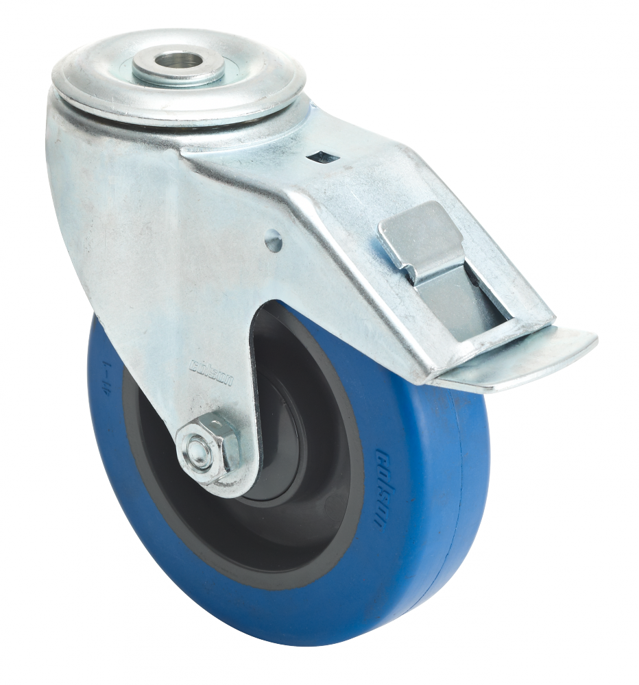 Swivel castor with total brake mounted behind