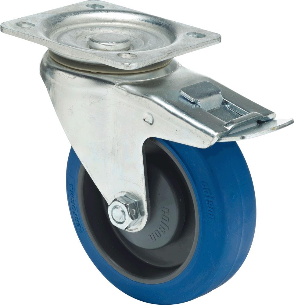 Swivel castor with total brake mounted behind