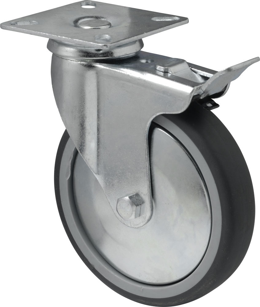 Swivel castor with total brake mounted behind