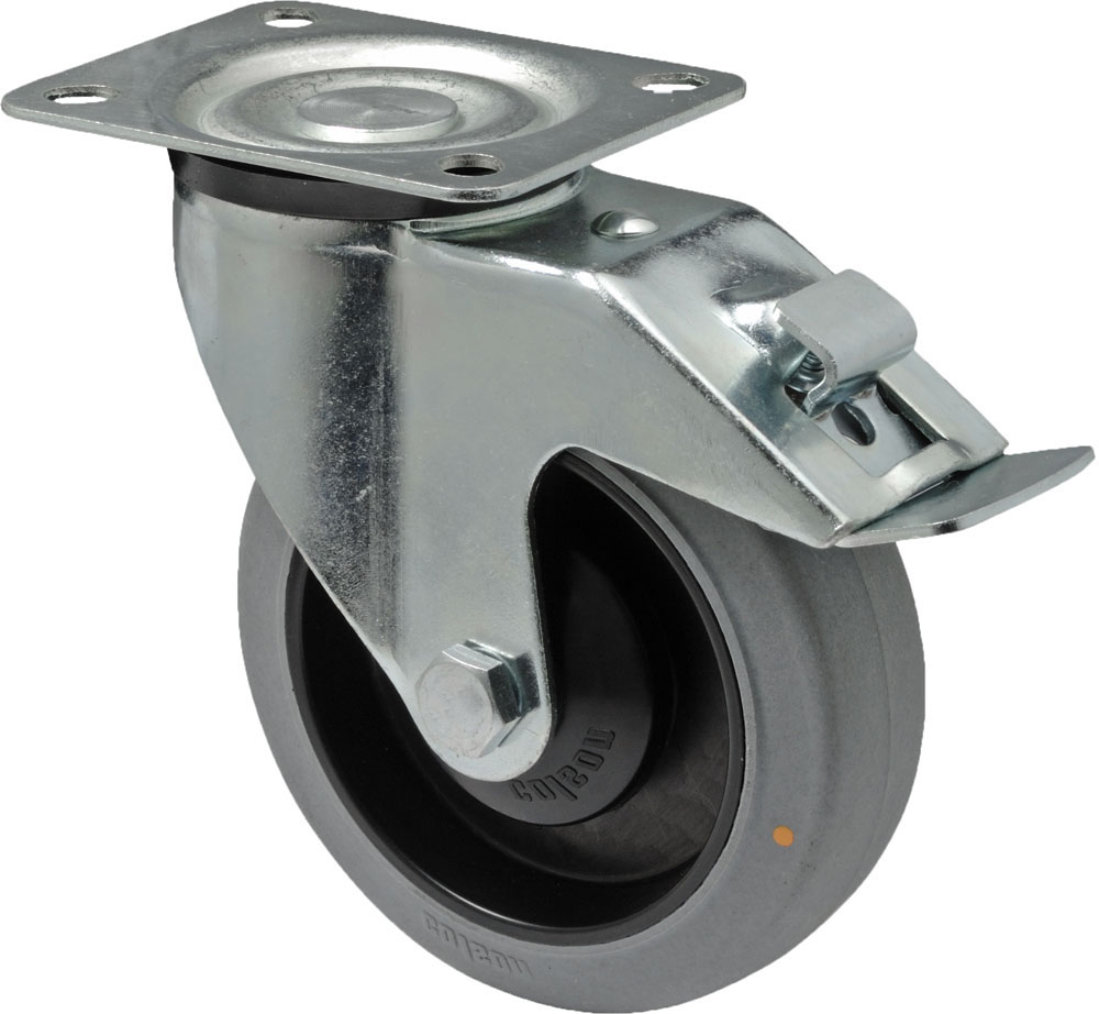 Swivel castor with total brake mounted behind