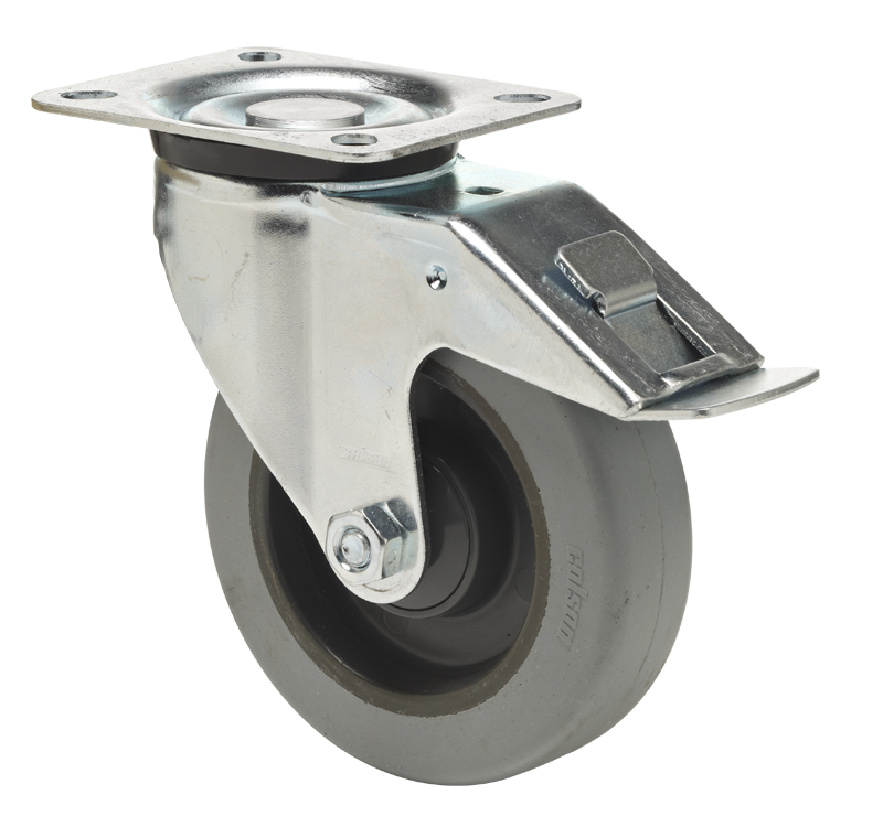 Swivel castor with total brake mounted behind