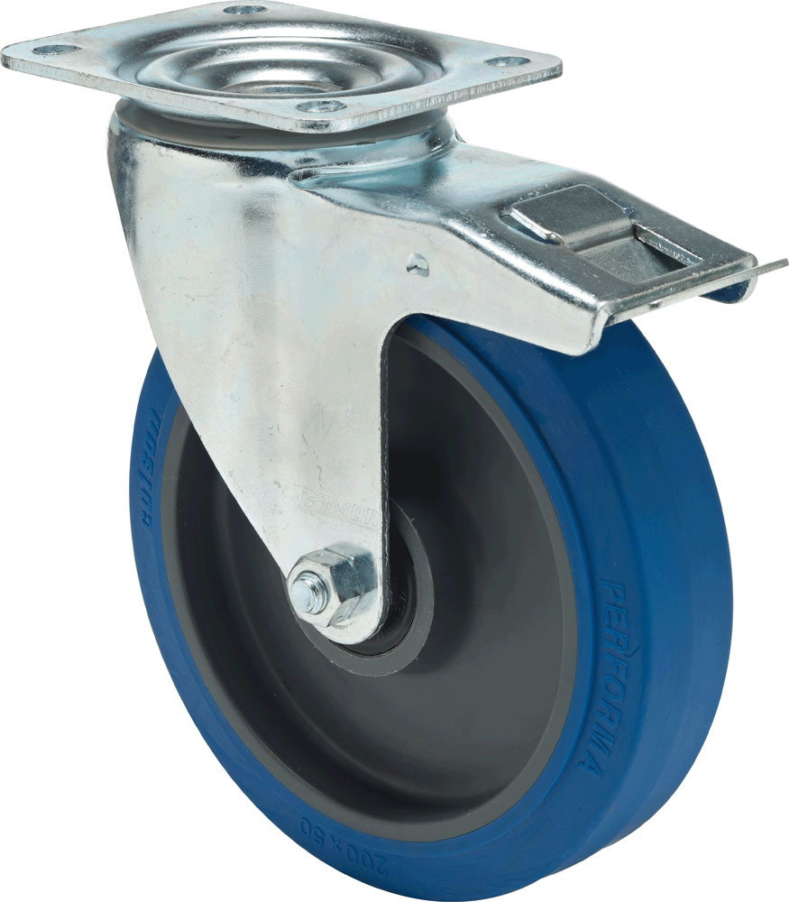 Swivel castor with total brake mounted behind