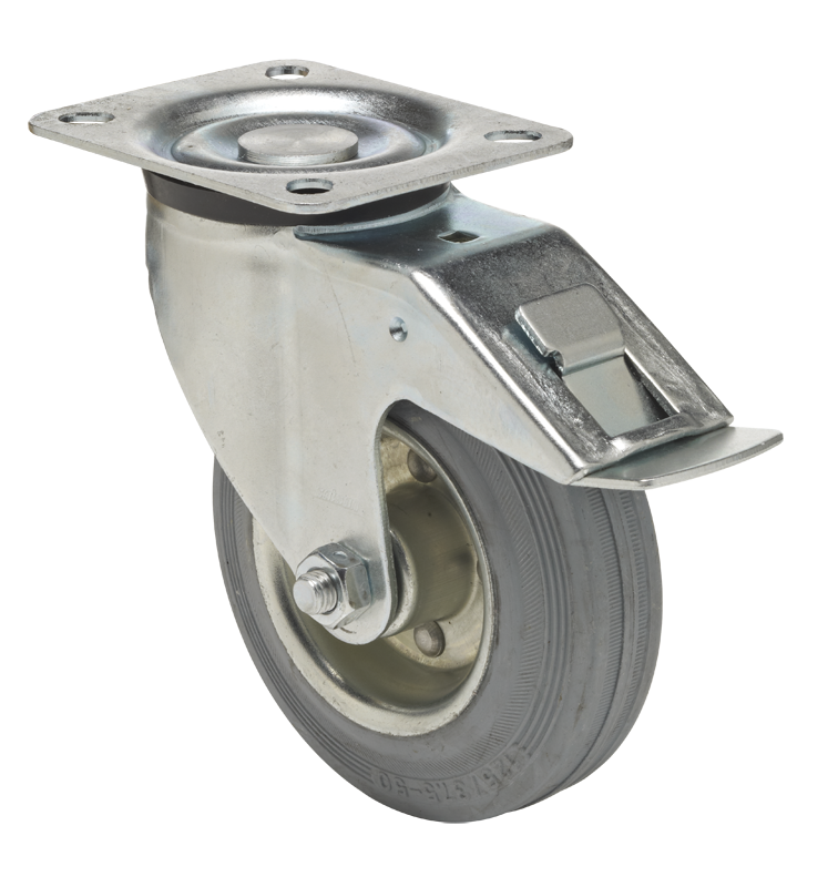 Swivel castor with total brake mounted behind