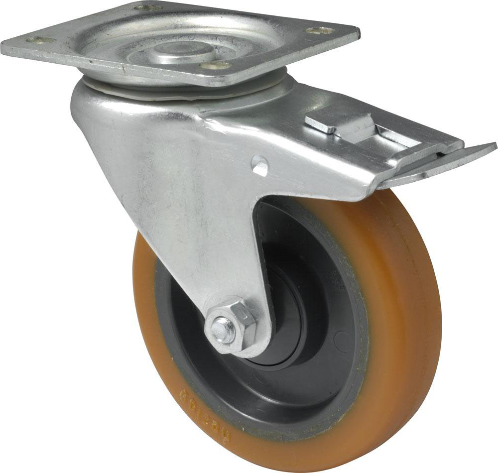 Swivel castor with total brake mounted behind