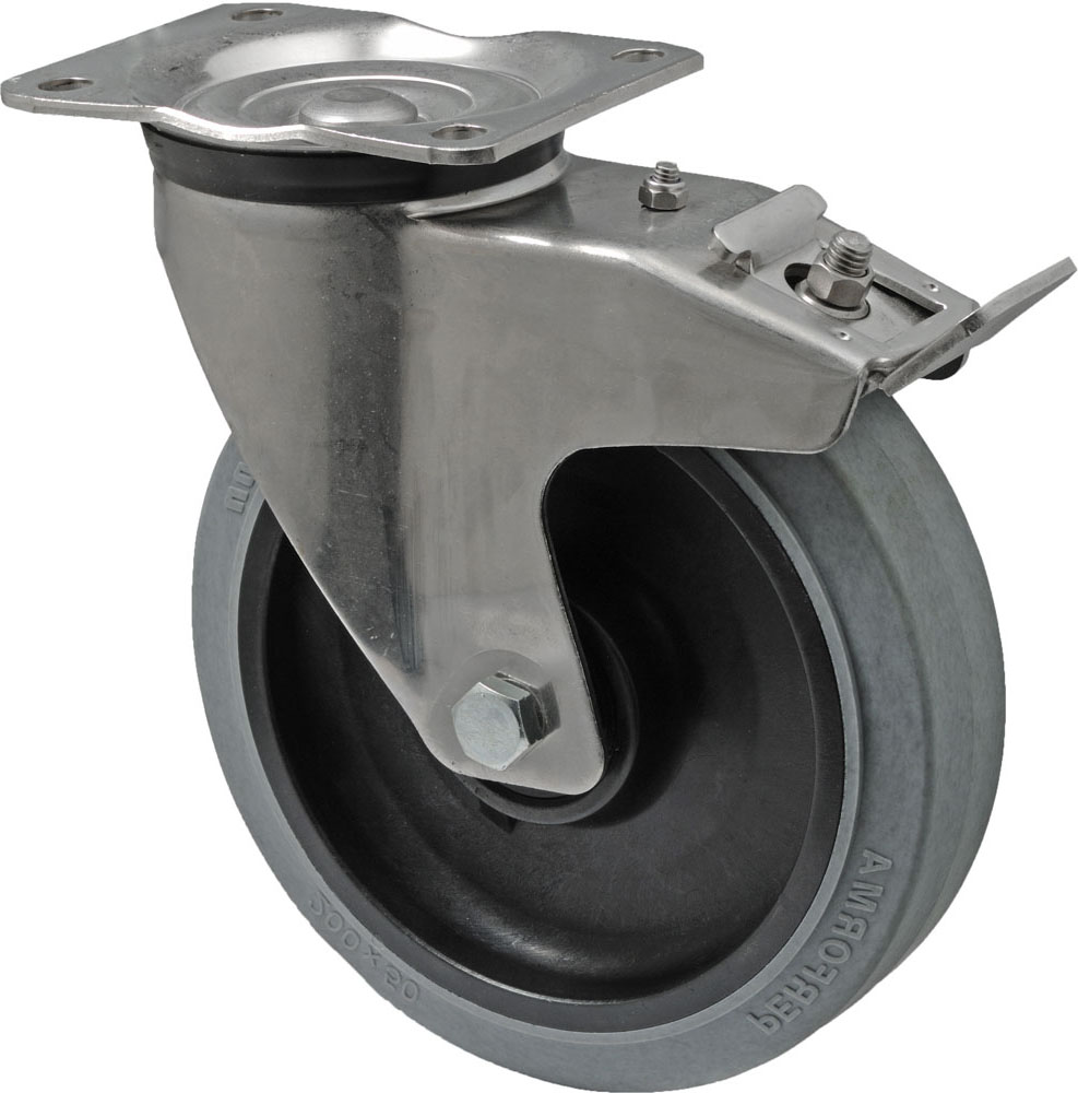 Swivel castor with total brake mounted behind