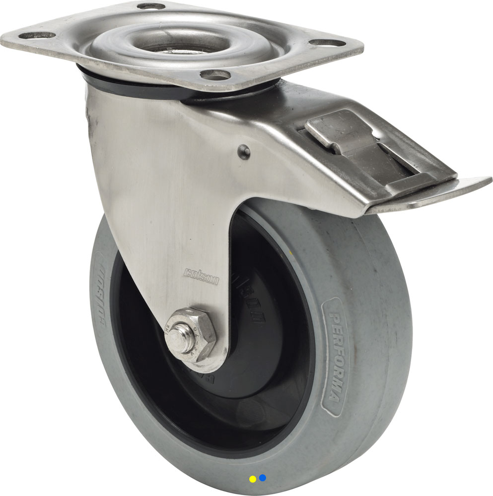 Swivel castor with total brake mounted behind