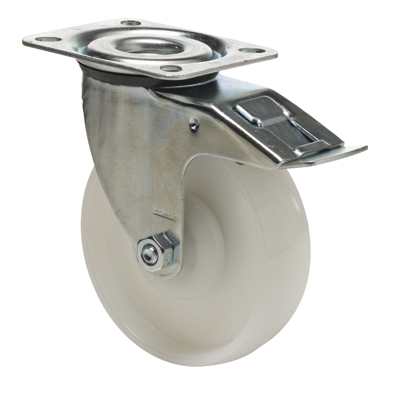 Swivel castor with total brake mounted behind
