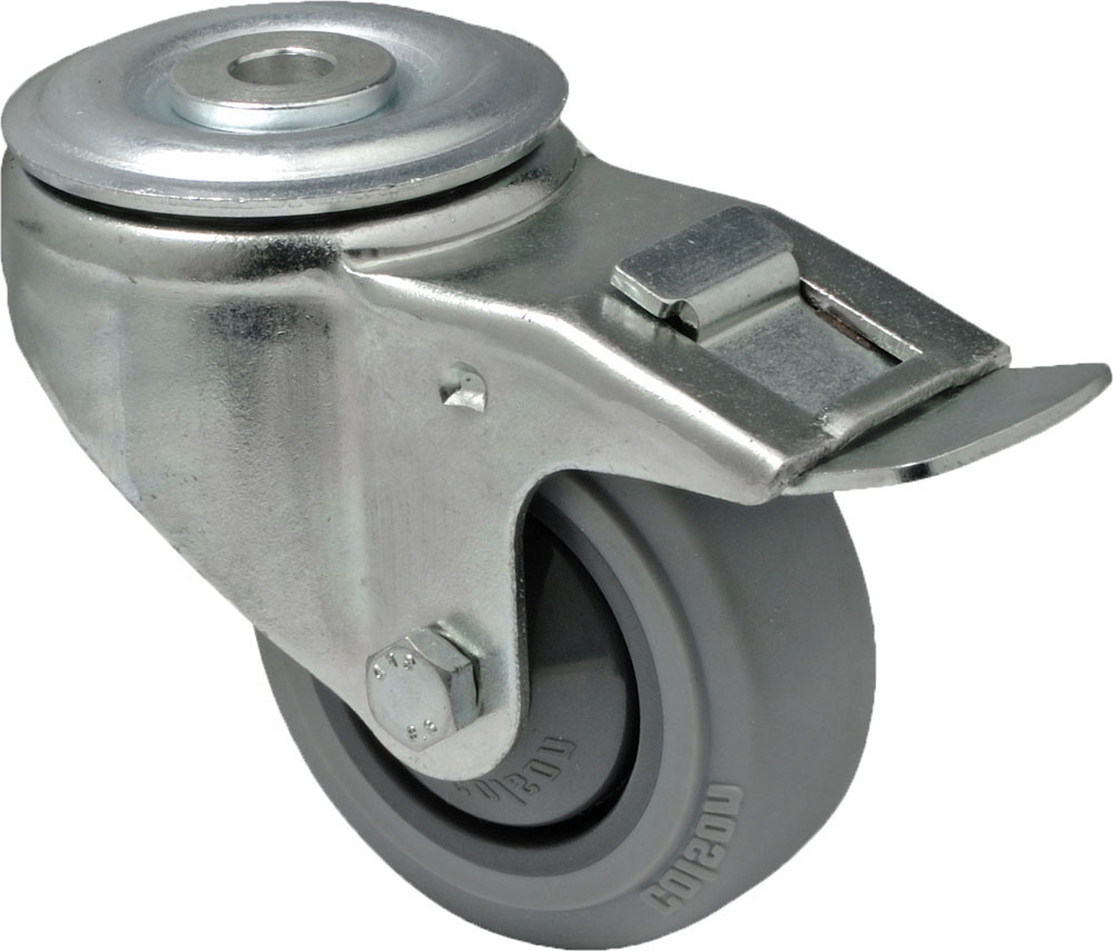 Swivel castor with total brake mounted behind