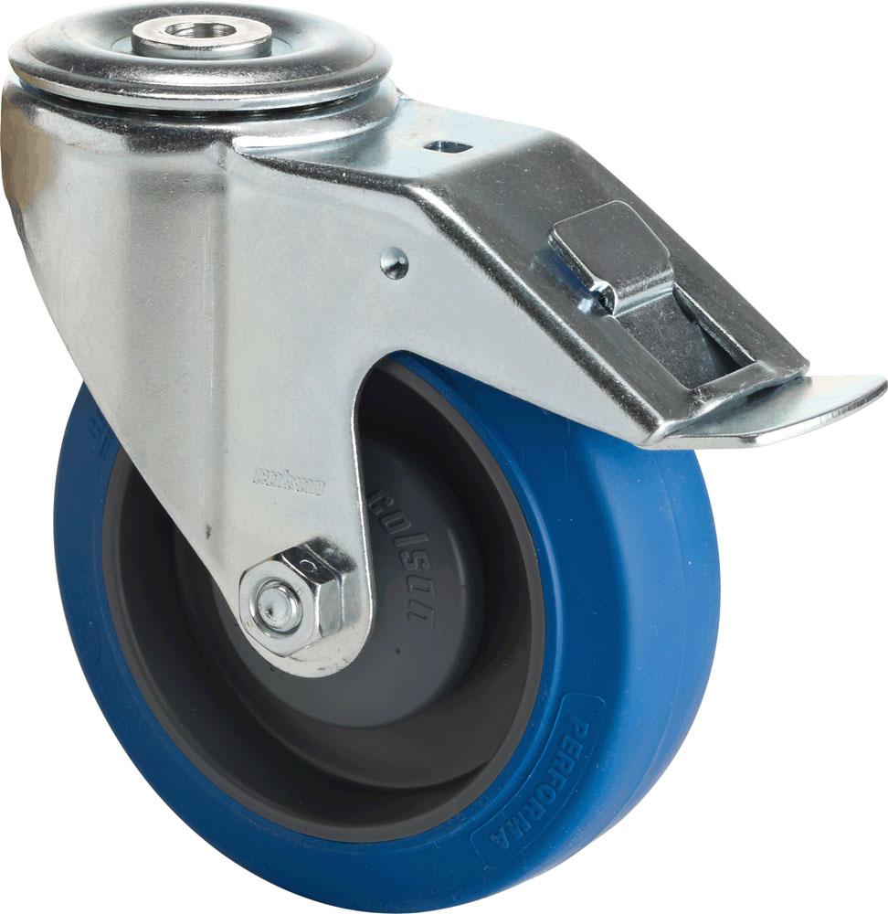 Swivel castor with total brake mounted behind