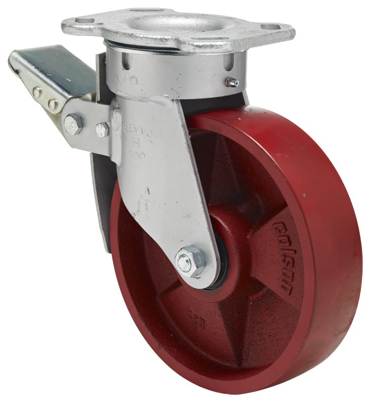 Swivel castor with total brake mounted in front