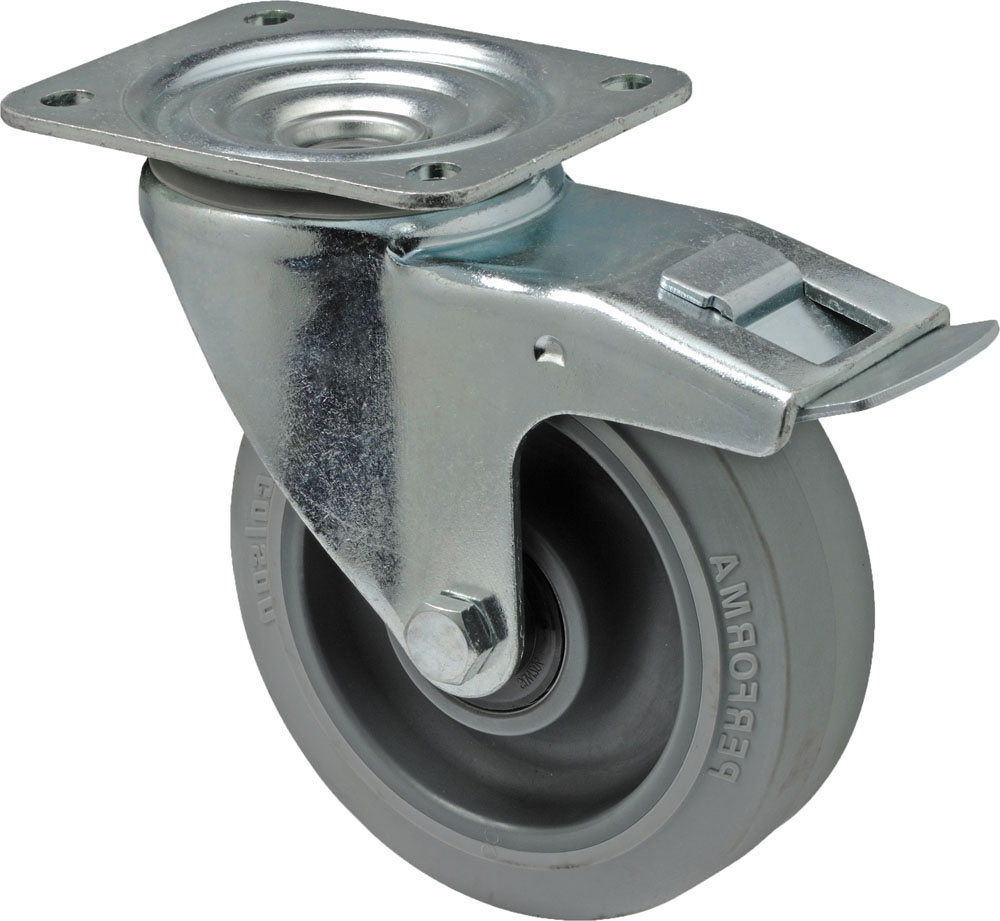 Swivel castor with total brake mounted behind
