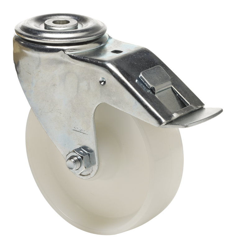 Swivel castor with total brake mounted behind