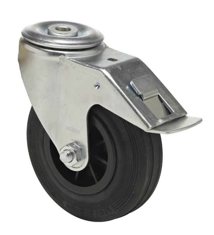 Swivel castor with total brake mounted behind
