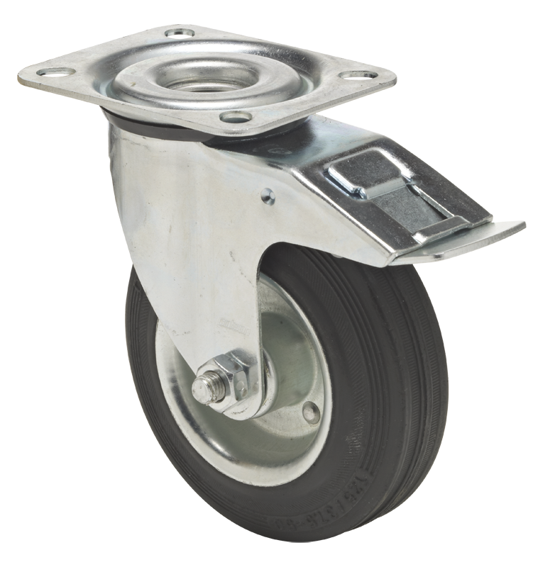 Swivel castor with total brake mounted behind