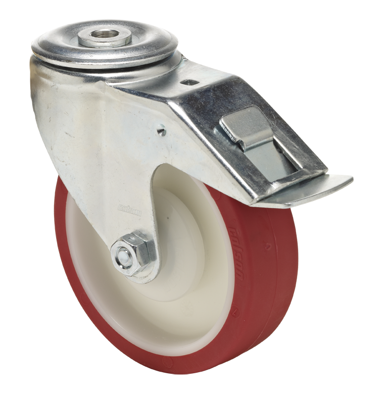 Swivel castor with total brake mounted behind
